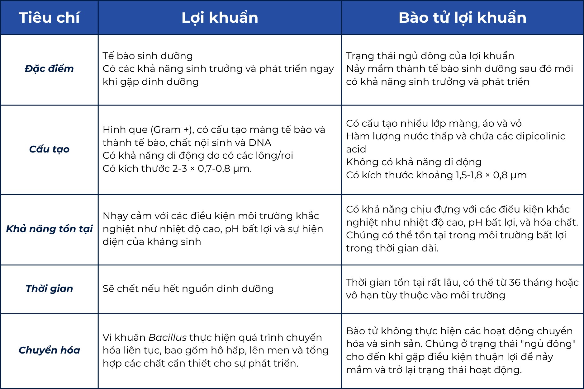 Bảng so sánh bào từ lợi khuẩn và lợi khuẩn